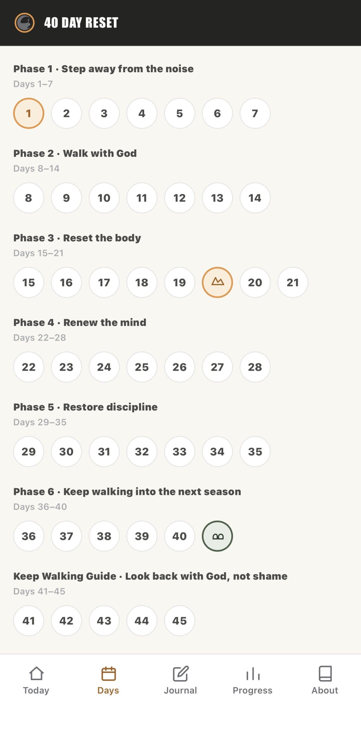 Daily journey content inside the Outdoor Crusade 40-Day Reset app