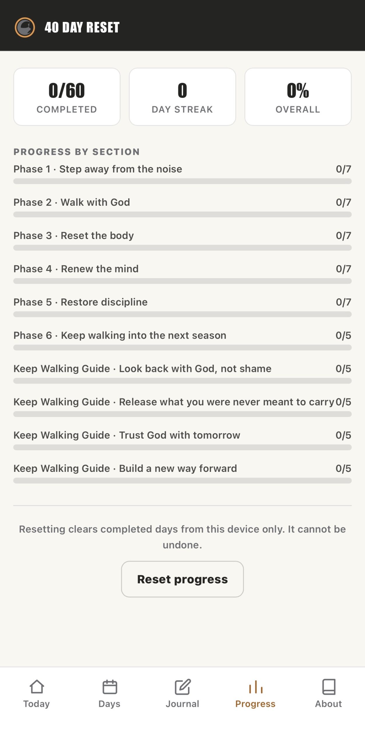 Outdoor Crusade 40-Day Reset app journey screen