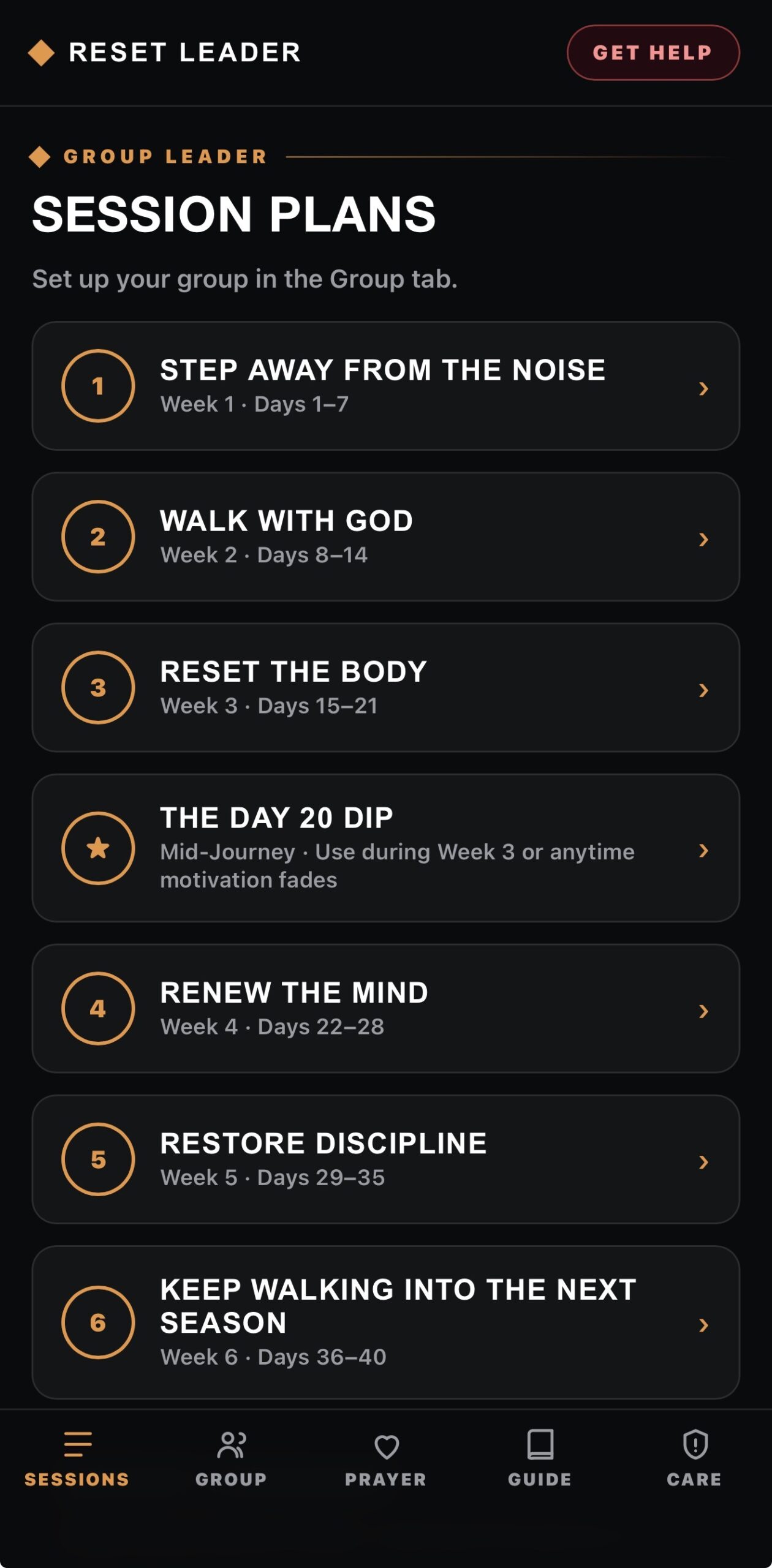Reset Leader app session plans organized by week and journey phase
