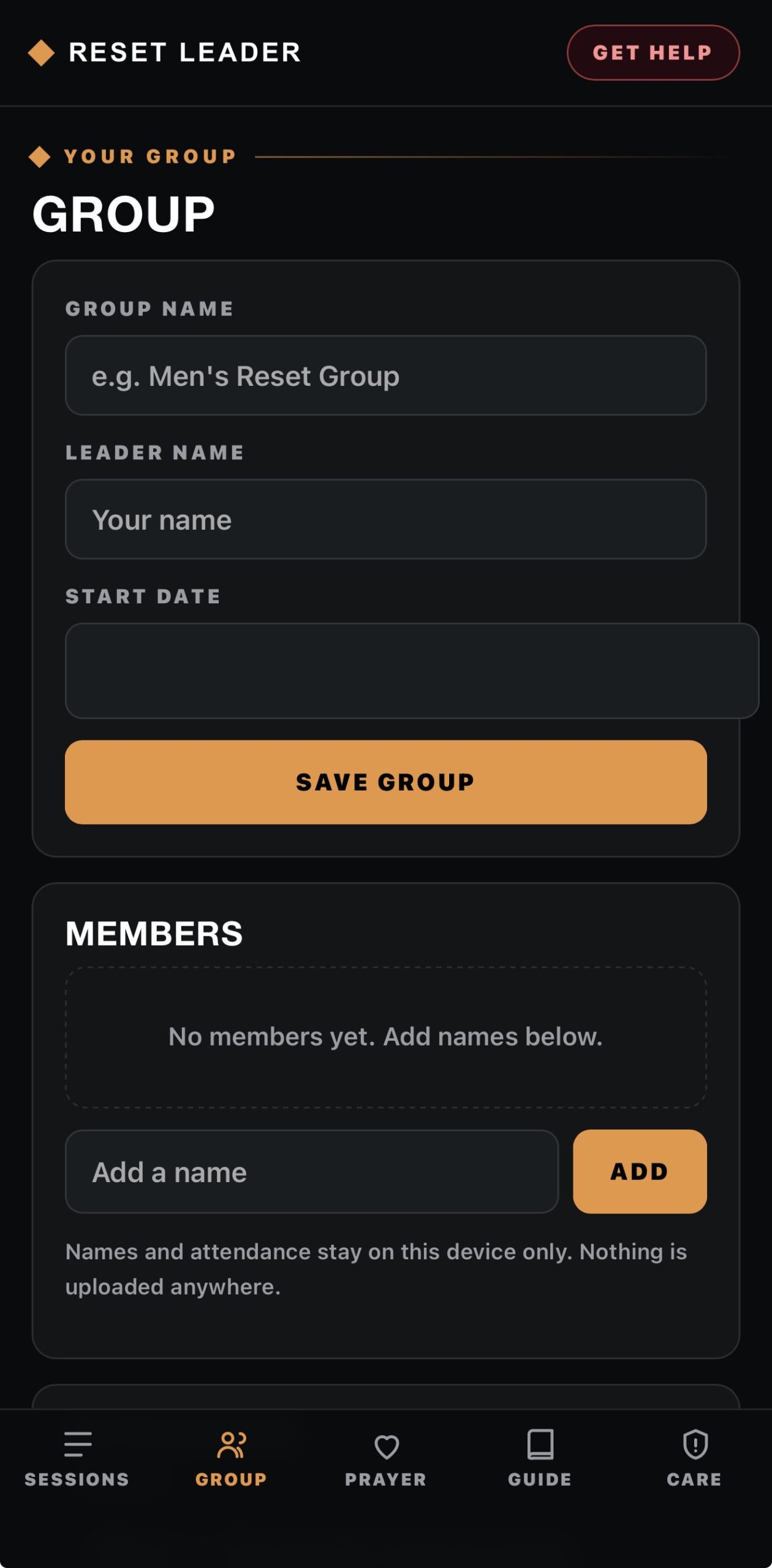 Reset Leader app group setup and member organization screen
