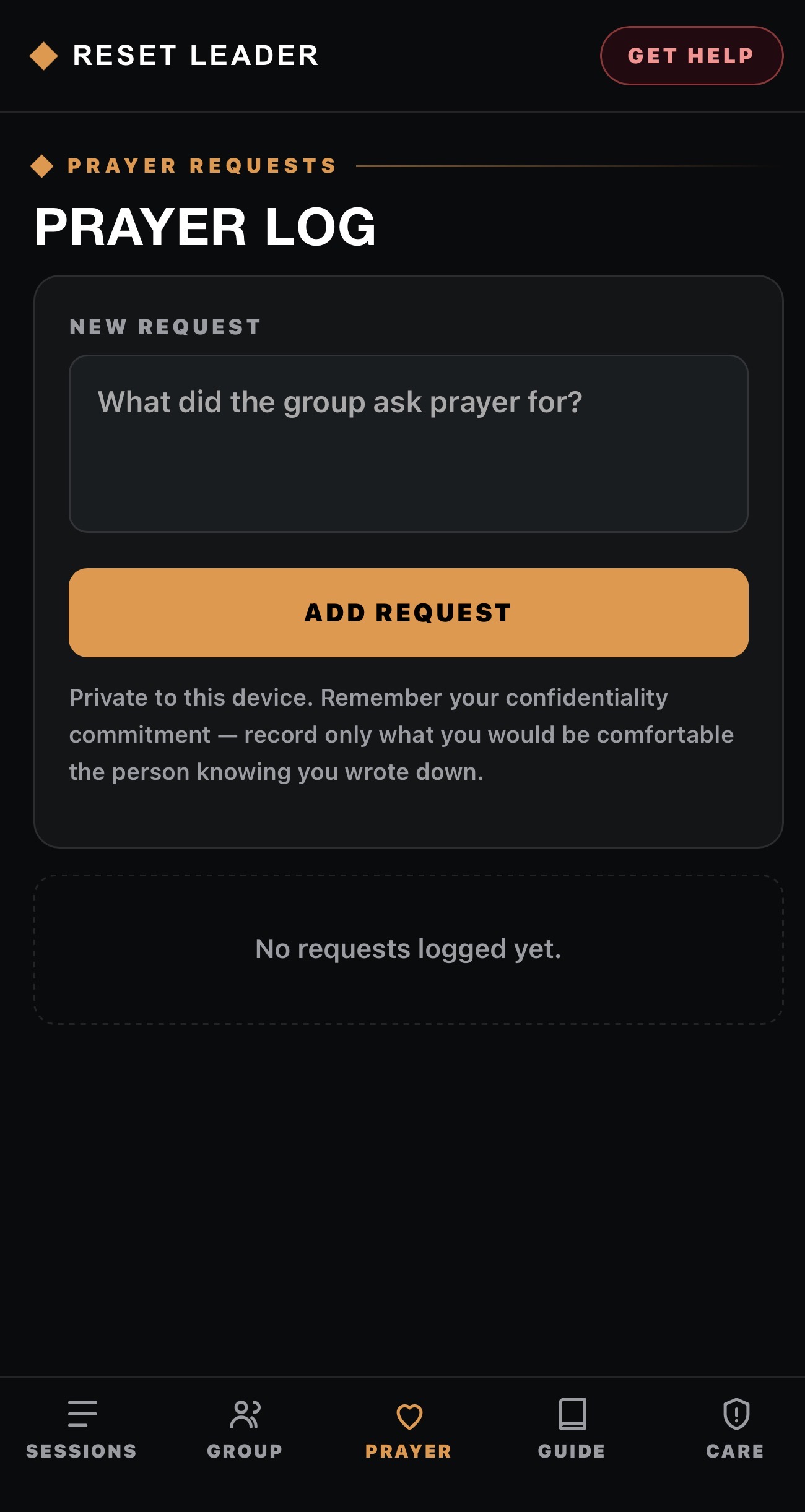 Reset Leader app private prayer request log