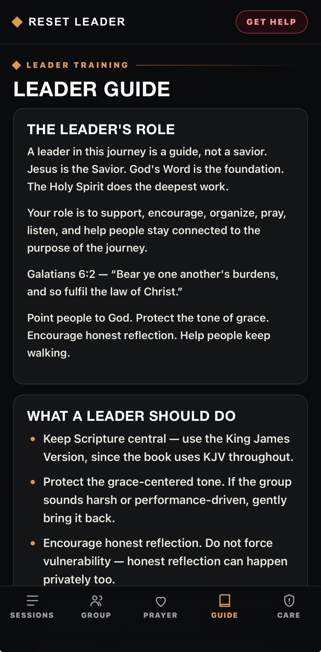 Reset Leader app training guide explaining the leader's role