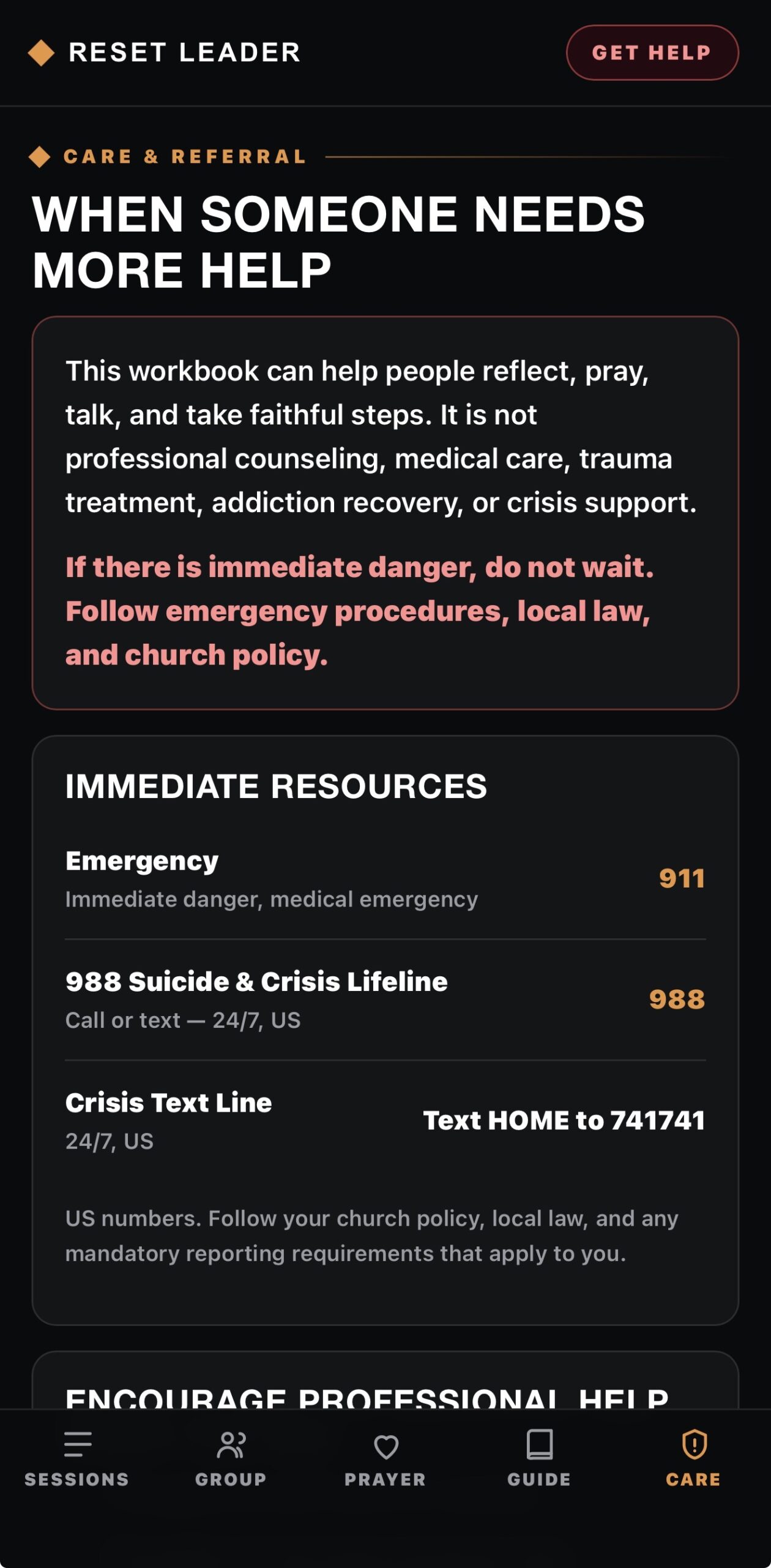 Reset Leader app care and referral guidance screen