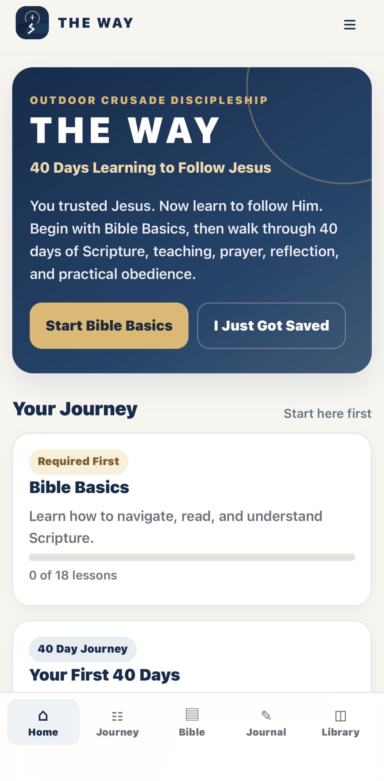 THE WAY app home screen showing Bible Basics and the 40-day journey
