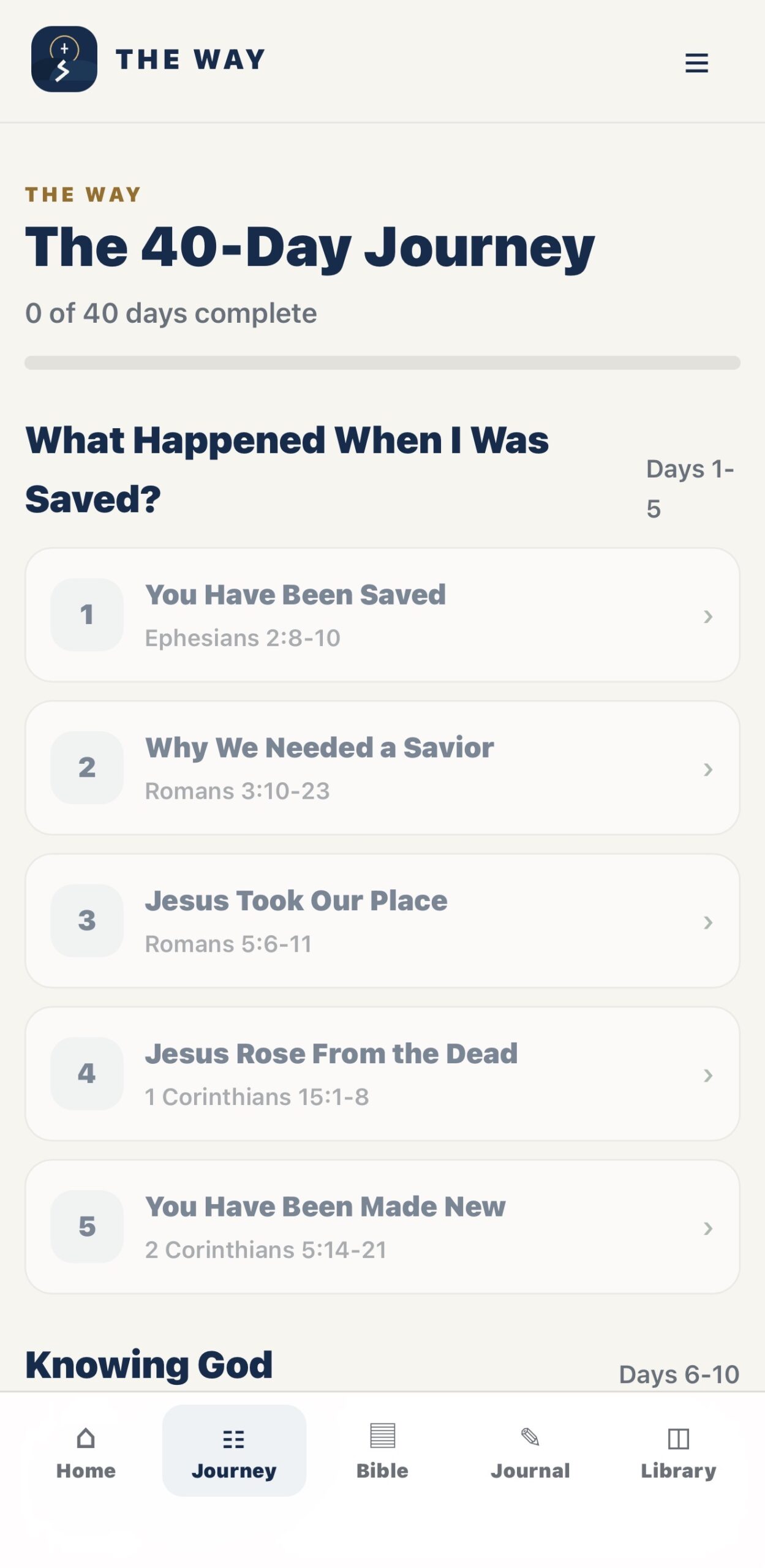 THE WAY 40-day journey screen showing the discipleship lesson sequence