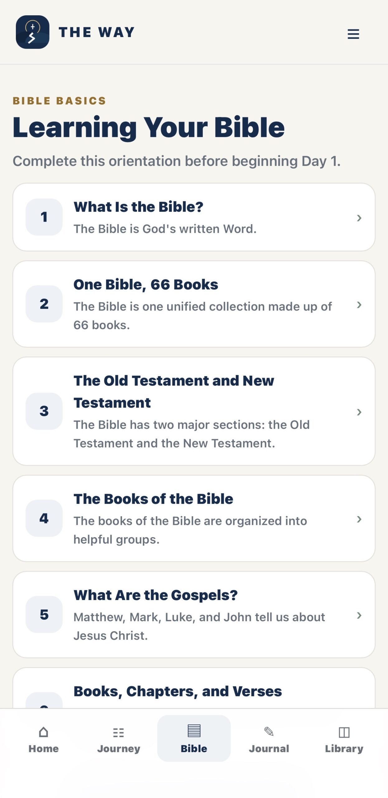 THE WAY Bible Basics screen teaching new Christians how to use the Bible