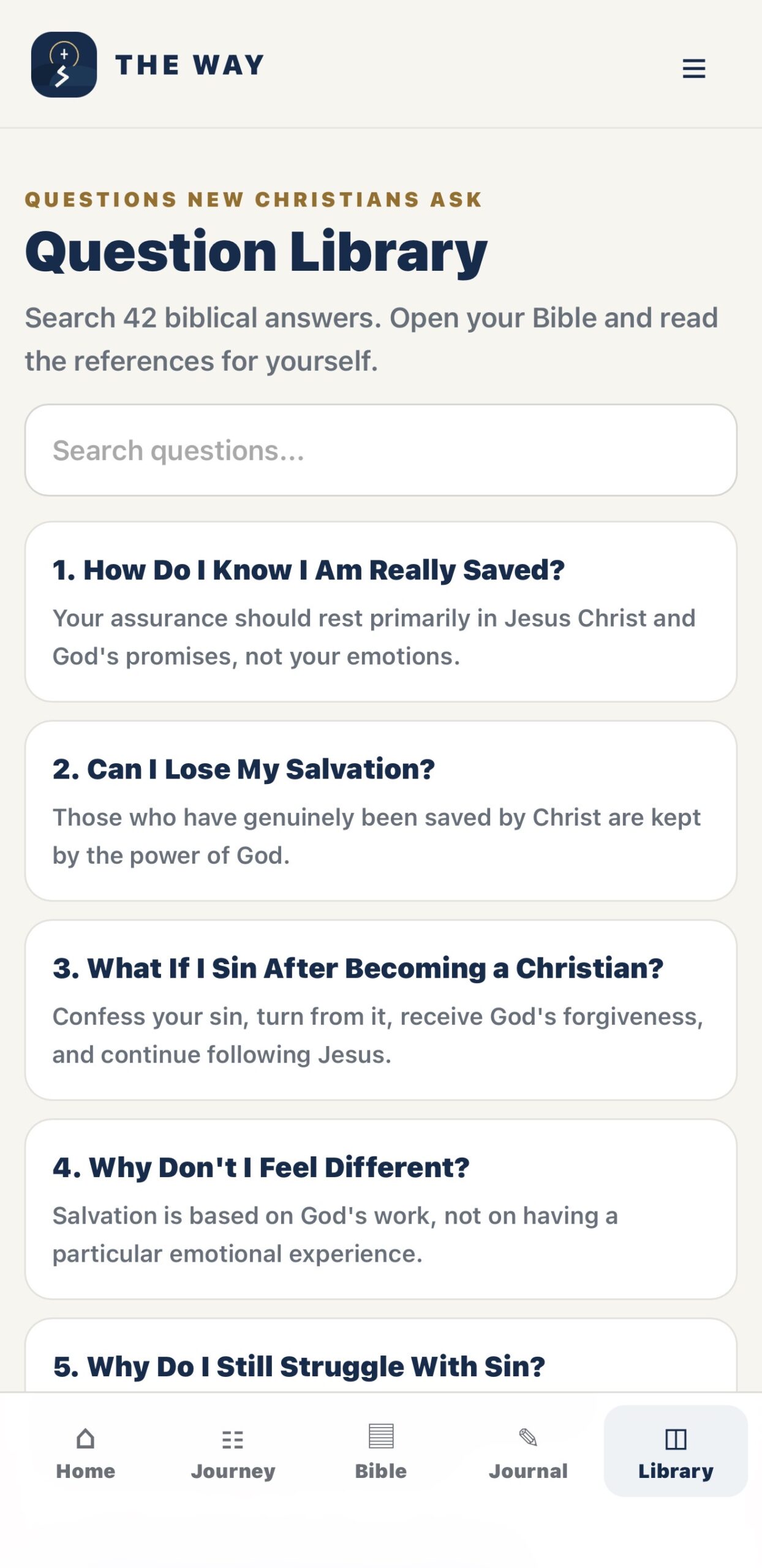 THE WAY Question Library screen with biblical answers for new Christians