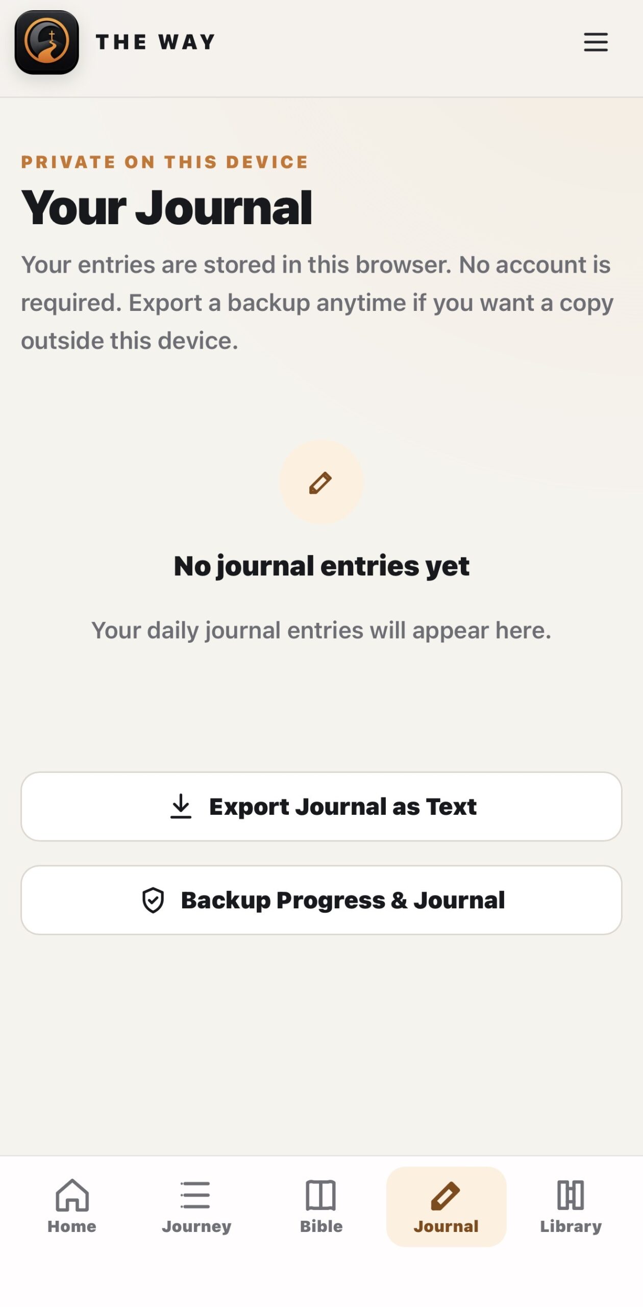 THE WAY private journal screen